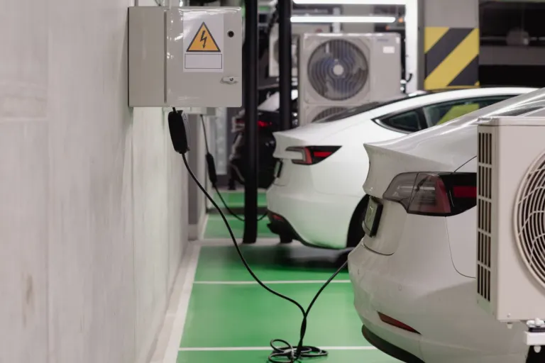 Carro elétrico branco carregando em uma garagem de casa, ilustrando o guia de IPVA por estado